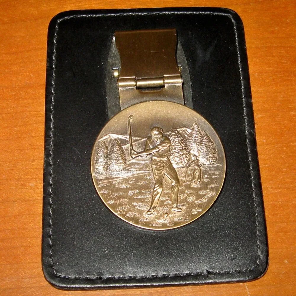 Golf Theme Leather Metal Money Clip Embossed Golfer Slip Pocket for Credit Card